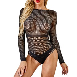 women new long sleeves hollowed out mesh bodysuit